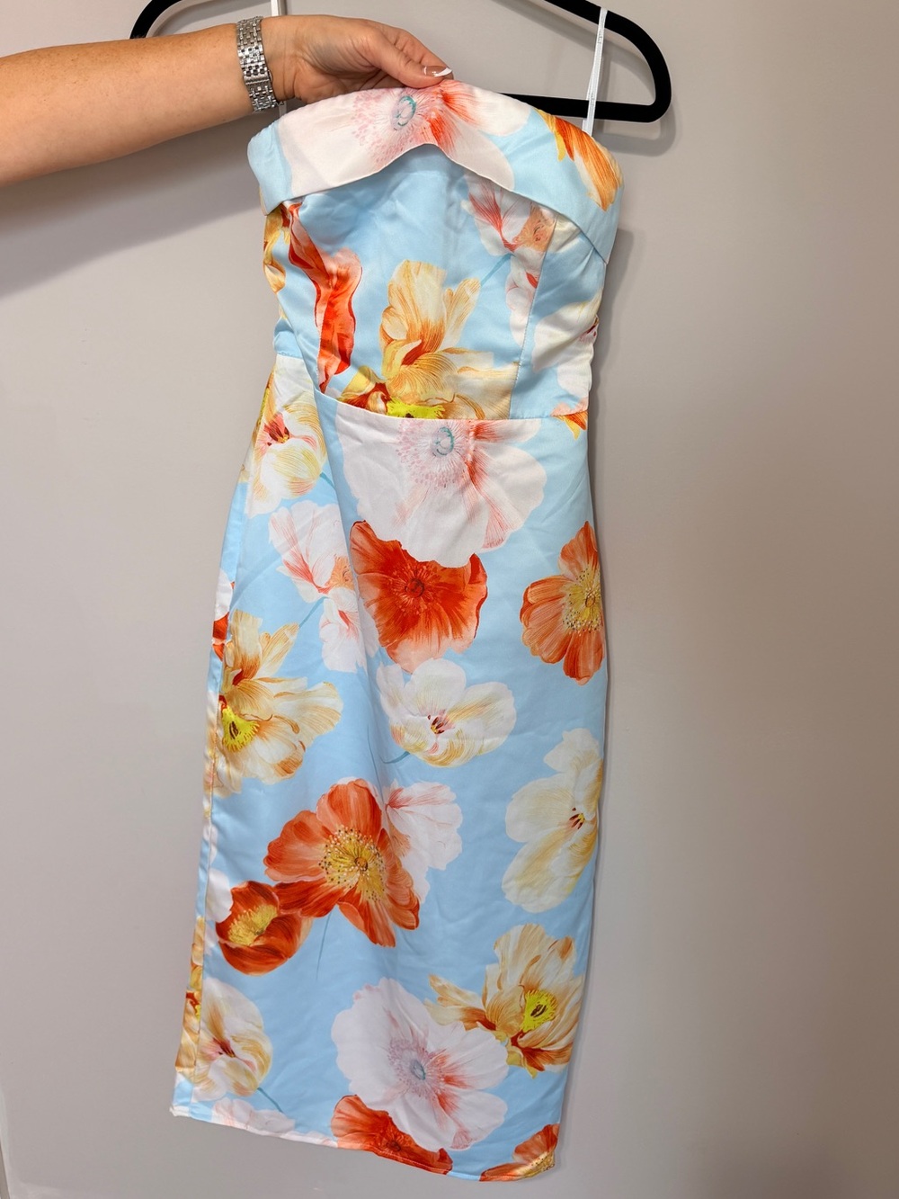Lulu's Strapless Floral Midi Dress in Sky Blue and Orange